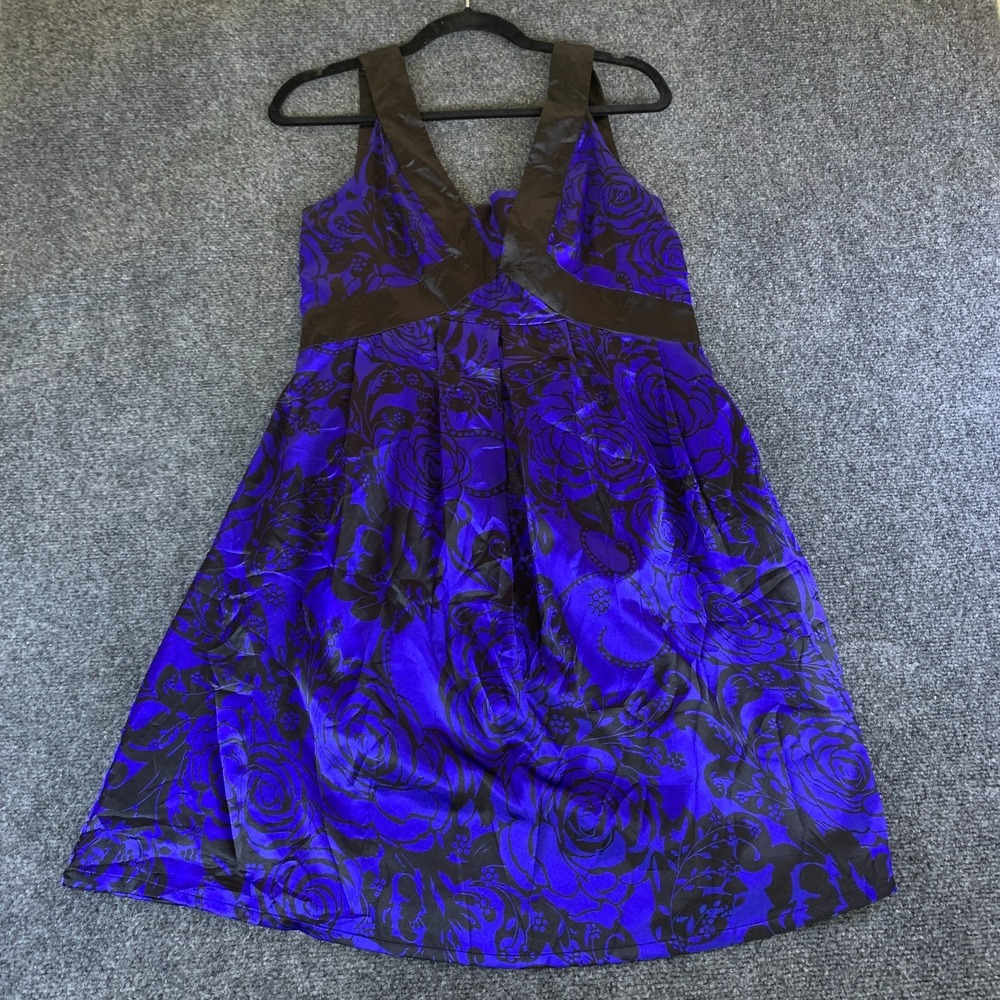 ROMY Mini Dress Womens Medium Blue Black Floral Rose Satin Empire Waist V Neck